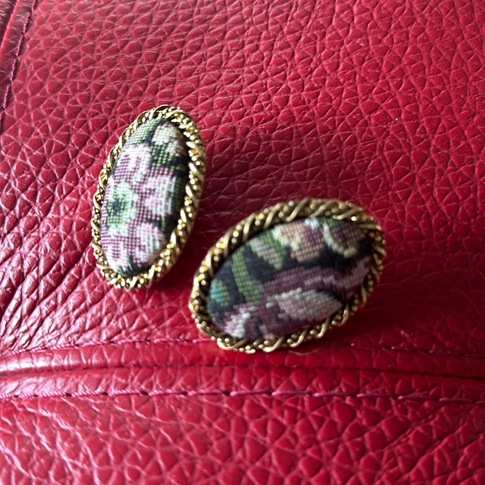 Vintage antique needles point clip tapestry earrings